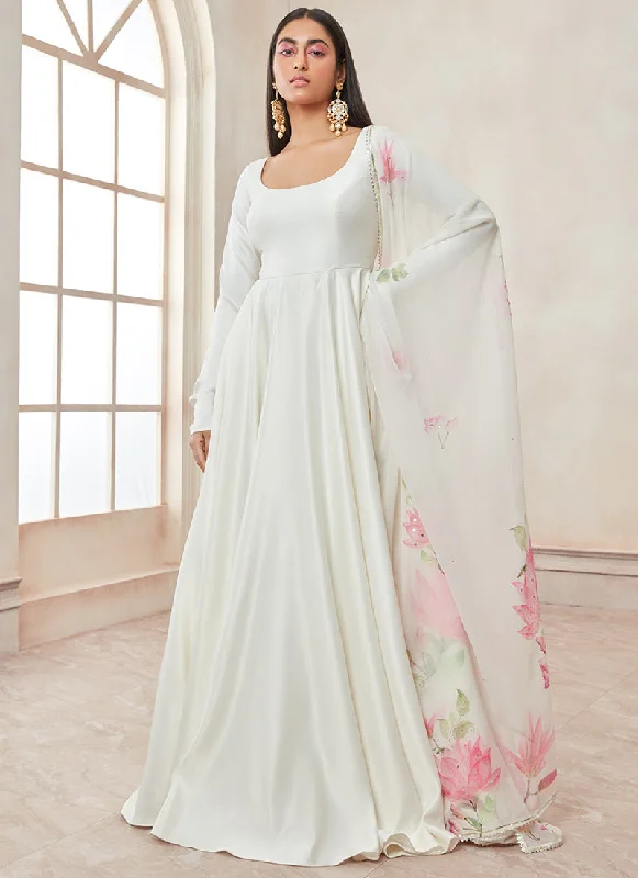 Off White Satin Anarkali With Floral Printed Dupatta