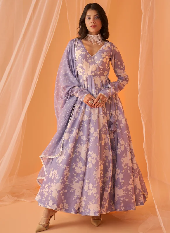 Dusty Periwinkle White Floral Printed Anarkali