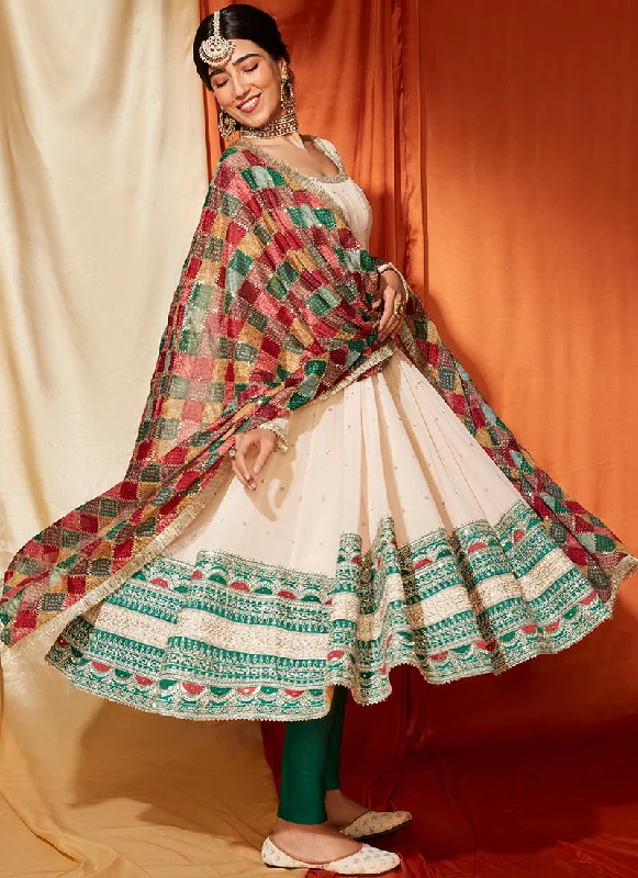 Cream Anarkali With Multicolor Phulkari Dupatta