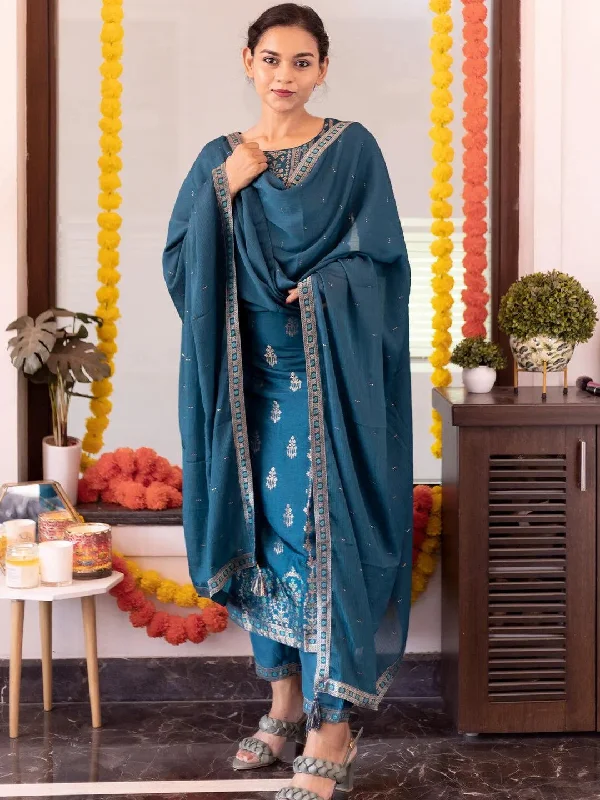 Teal Self Design Silk Straight Kurta With Dupatta