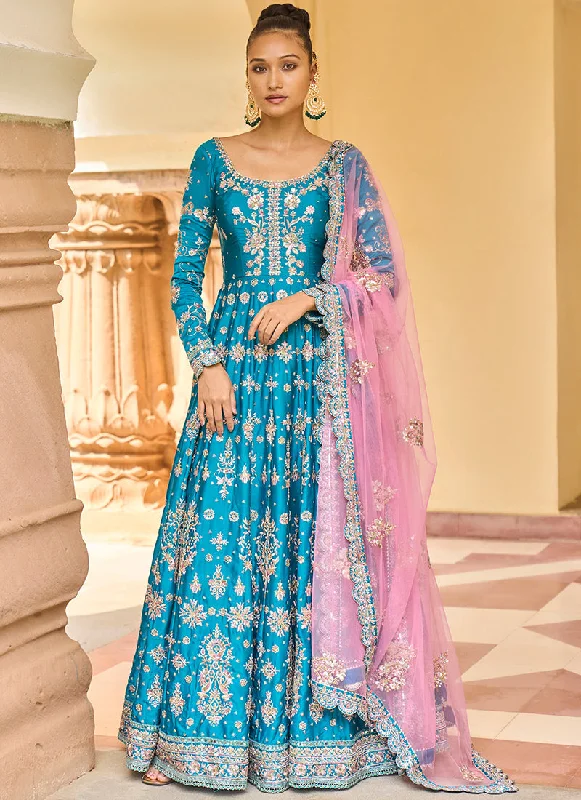 Teal Embroidered Satin Anarkali