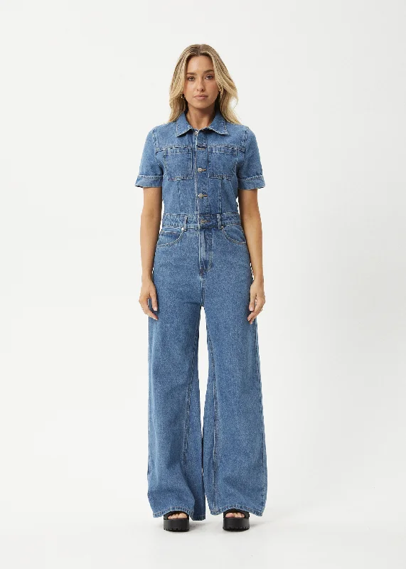 AFENDS Womens Miami - Denim Flared Leg Jumpsuit - Worn Blue