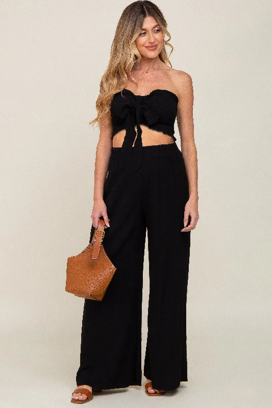 Black Front Tie Crop Top and Pant Maternity Set