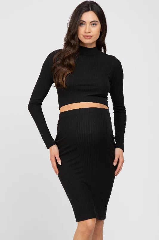 Black Mock Neck Top Skirt Maternity Set