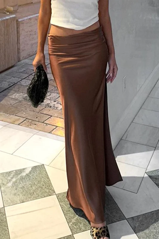 Brown Satin Low-Rise Slit Midi Skirt