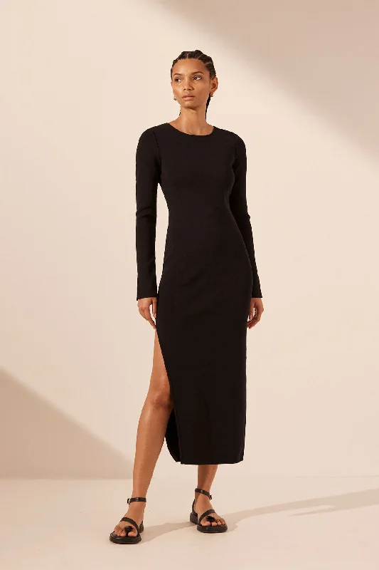 BASIC LONG SLEEVE OPEN BACK MIDI DRESS - BLACK