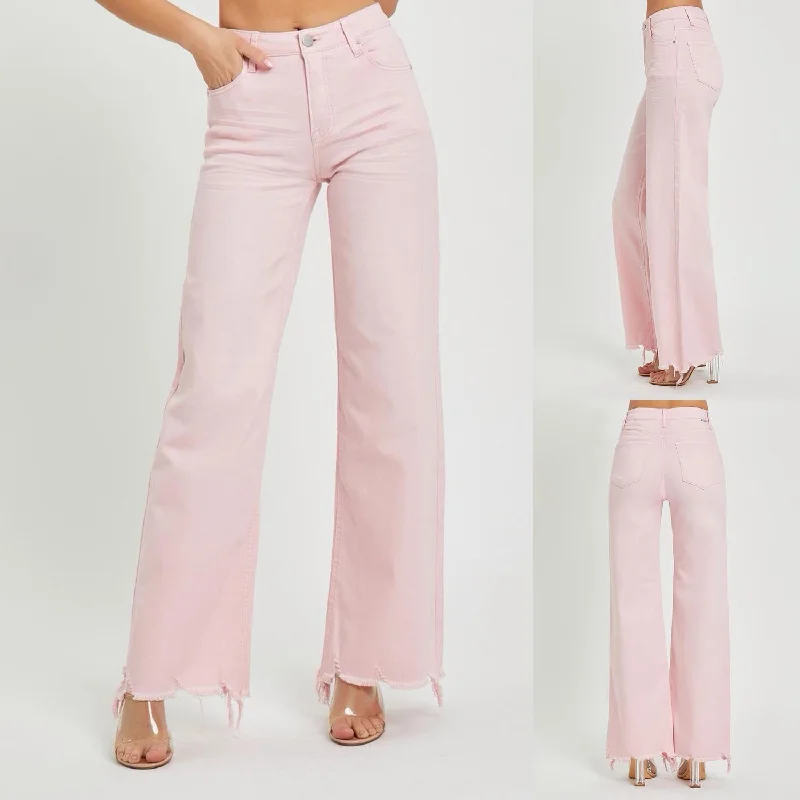 High Rise Frayed Hem Jeans In Light Pink