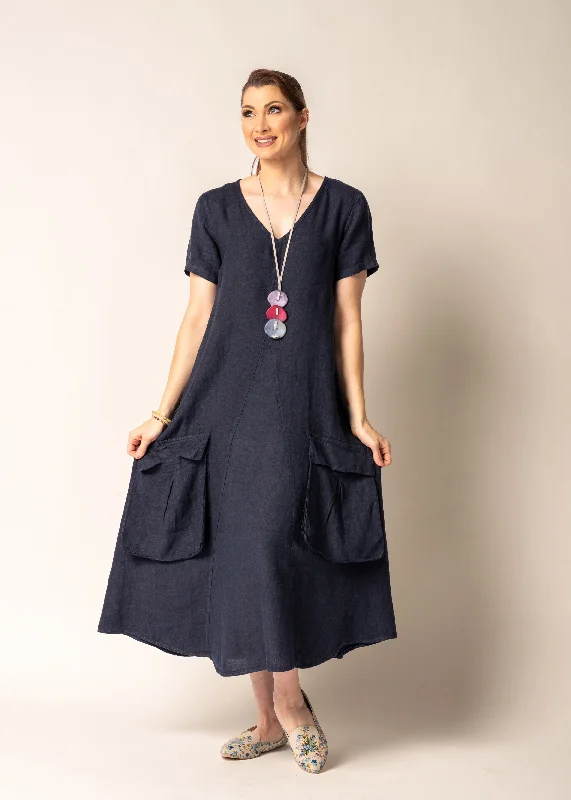 Lada Linen Dress in Navy