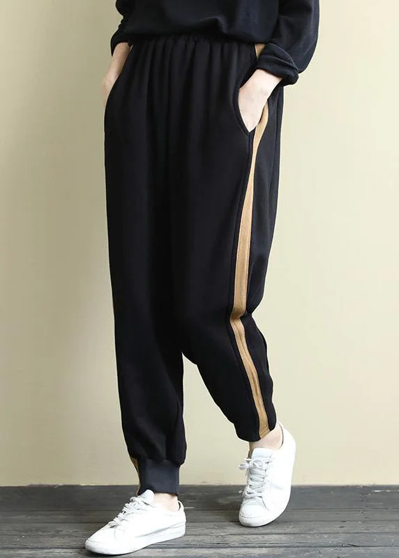 Black Pockets Versatile Warm Fleece Beam Pants Elastic Waist Winter