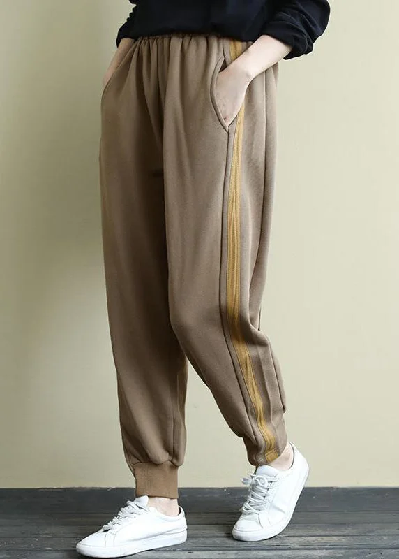 Casual Khaki Pockets Elastic Waist Warm Fleece Beam Pants Winter