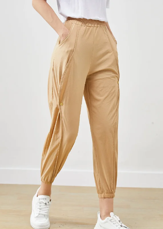 Khaki Cotton Pants Trousers Elastic Waist Pockets Fall