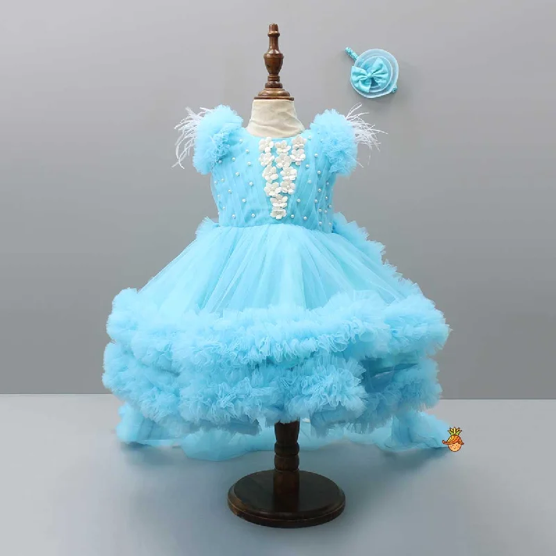 Pleated Yoke Blue Dress With Detachable Trail And Matching Headband