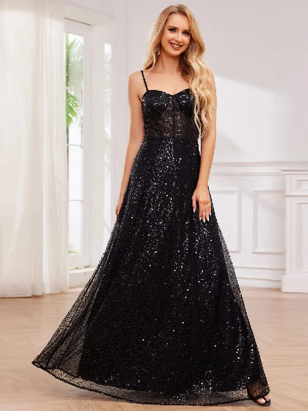 Elegant Sequin Spaghetti Strap See-Through Formal Evening Dress