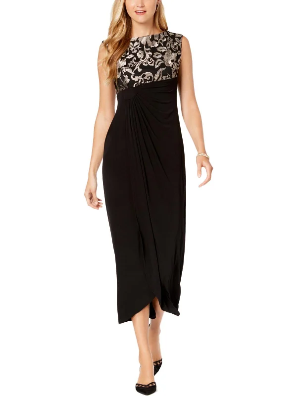 Petites Womens Faux-Wrap Embroidered Evening Dress