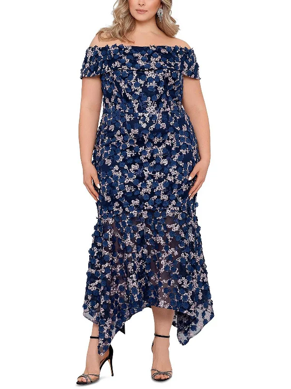 Plus Womens Floral Off-The-Shoulder Evening Dress