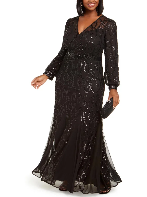 Plus Womens Sequined Mesh Evening Dress