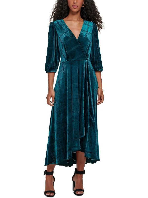 Womens Velvet Faux Wrap Evening Dress