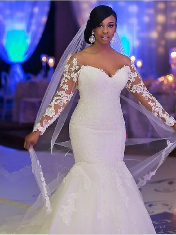 African Lace Wedding Dresses with Sleeves Long Mermaid Bridal Gown