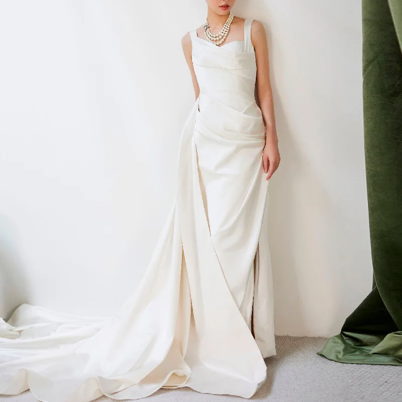 Asymmetrical Neck Satin Wedding Dress with Detachable Train