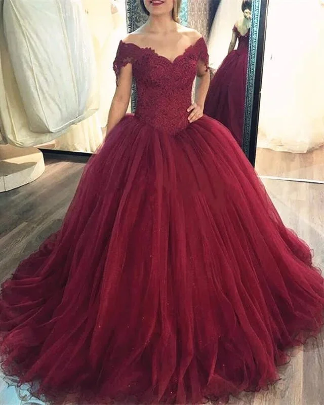 Ball Gowns Burgundy Wedding Dresses Lace Off The Shoulder Bridal Gown