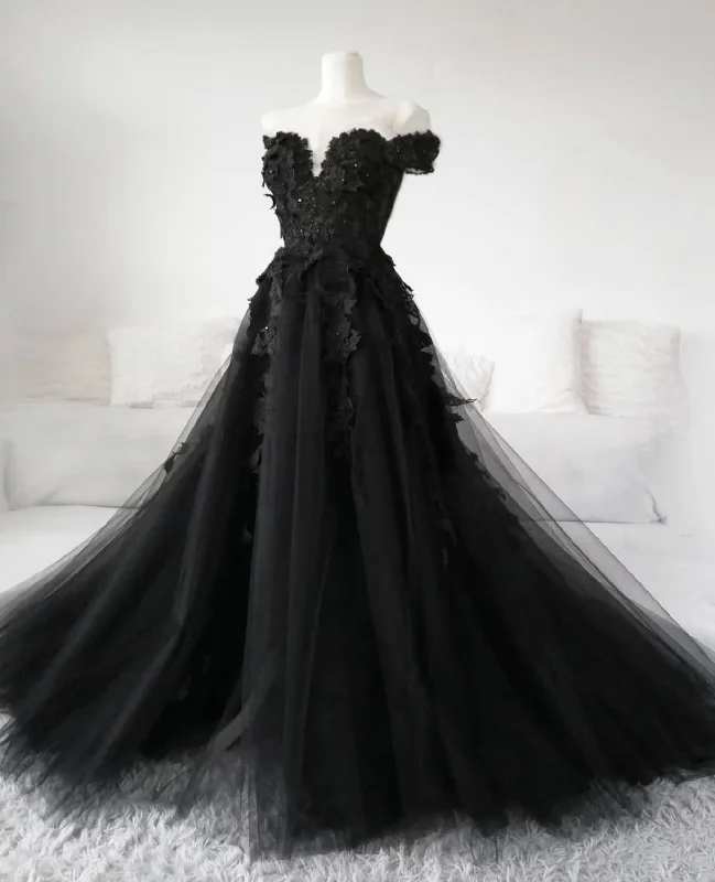 Black Lace Wedding Dresses 2025 Off the Shoulder Pearls Tulle Formal Prom Dress