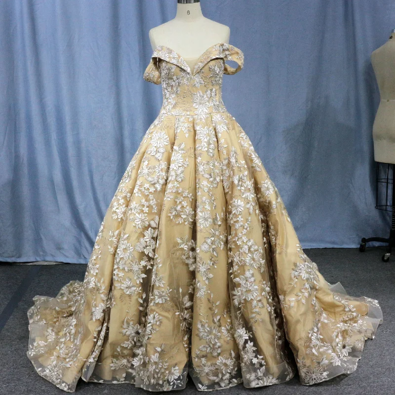 Golden Wedding Dress 3D Embroidery Lace Bridal Gowns