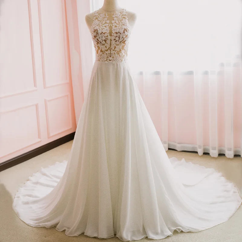 High Neck A-line Chiffon Wedding Dress with Sheer Bodice