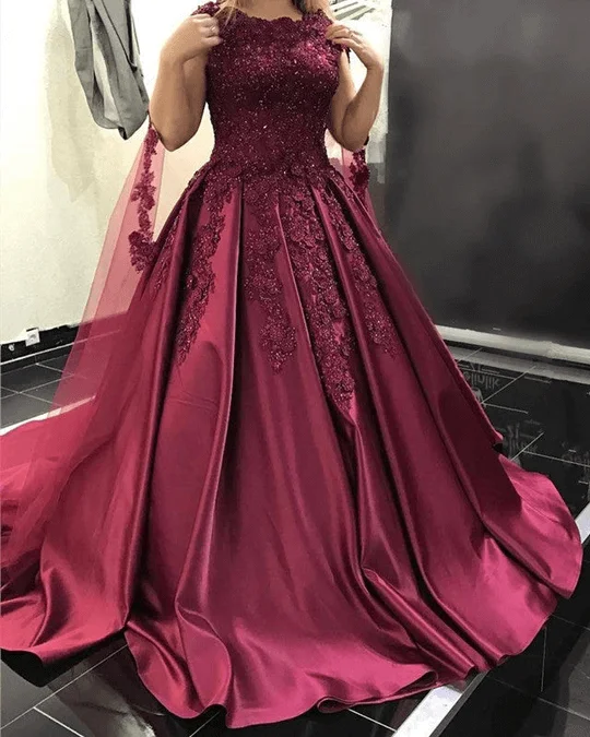 2025 Ball Gown Burgundy Prom Dress Satin Lace Cap Sleeves Wedding Dress