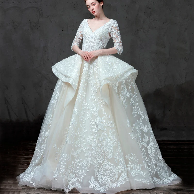 Lace Half Sleeve Wedding Dress with Vneck & Ruffle Skirt