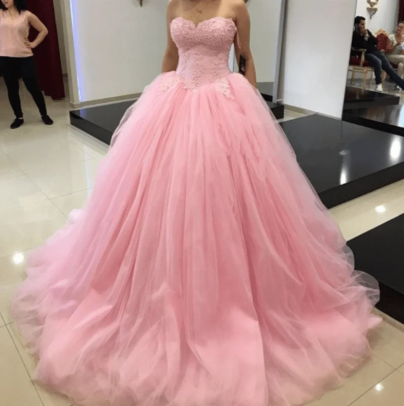 Lace Pink Quince Dress Bodice Strapless Tulle Ball Gown Wedding Dress