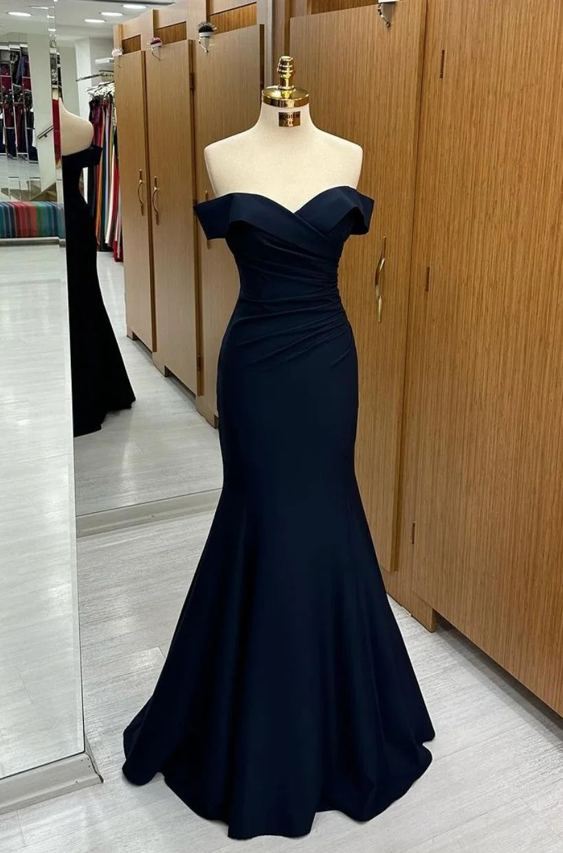 Long Off-the-shoulder Formal Dress Navy Blue Wedding Guest Dress