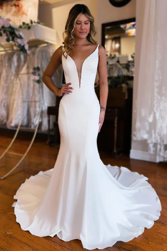 2025 Long Satin V Neck Mermaid Maxi Beach Summer Wedding Dress