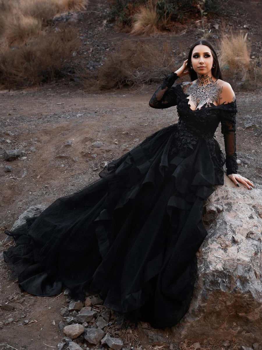 Long Sleeves Black Wedding Dress Gothic Off Shoulder V-neck Tiered Skirt