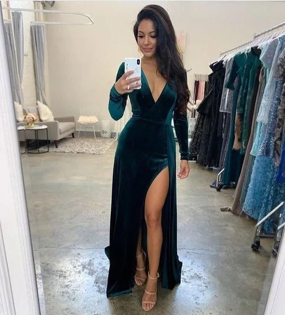 Long Sleeves Hunter Velvet Formal Dress for Wedding Guests Split