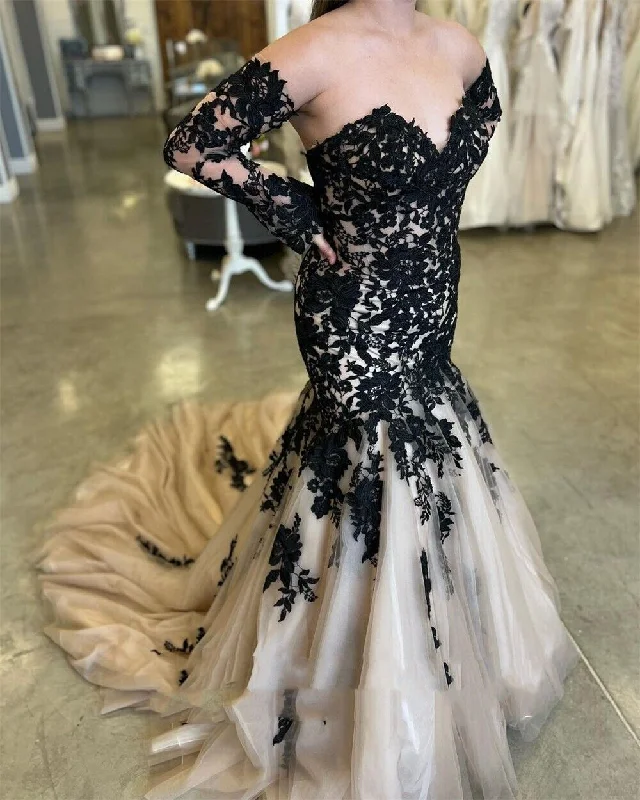 Mermaid Black Champagne Wedding Dresses Lace Strapless Sweep Train