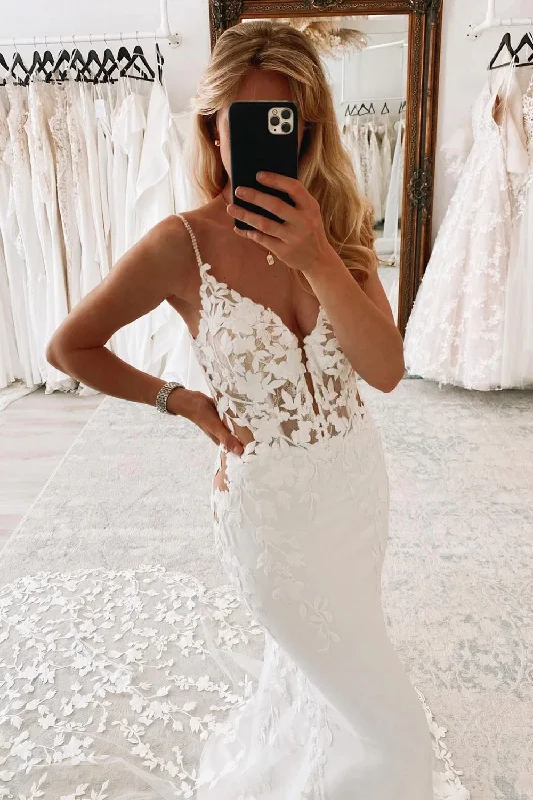 New Lace Wedding Dresses V Neck Mermaid Spaghetti Straps