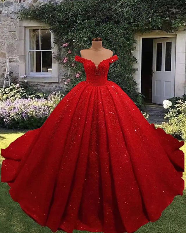 2025 Off Shoulder Glitter Wedding Dresses Red Sequin Ball Gown Bridal Wear