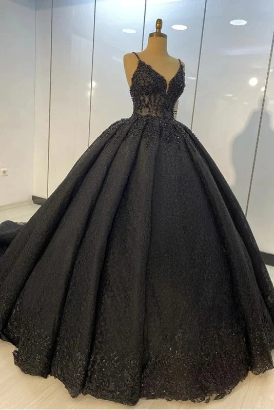 Princess Ball Gown Spaghetti Straps Beaded Black Wedding Dresses