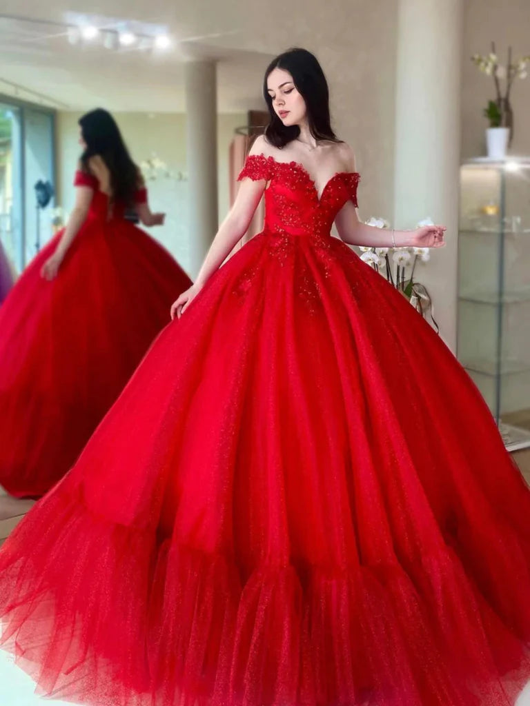 2025 Red Wedding Dresses Lace Off Shoulder Beaded Tulle Long Quince Dresses Sequin