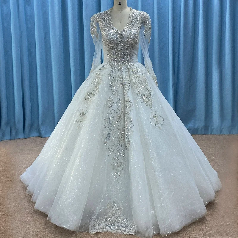 Sparkle Ball Gown Wedding Dress with Sheer Long Sleeve