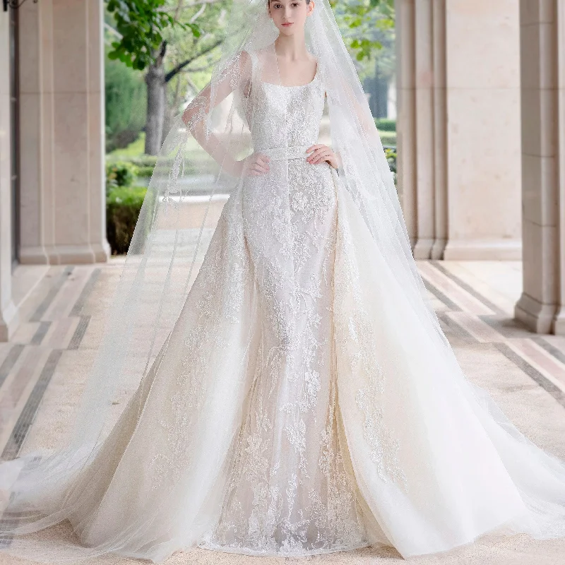 Square Neck Mermaid Lace Wedding Dress with Detachable Train