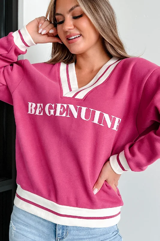 "Be Genuine" Varsity Stripe Graphic Sweater (Raspberry)