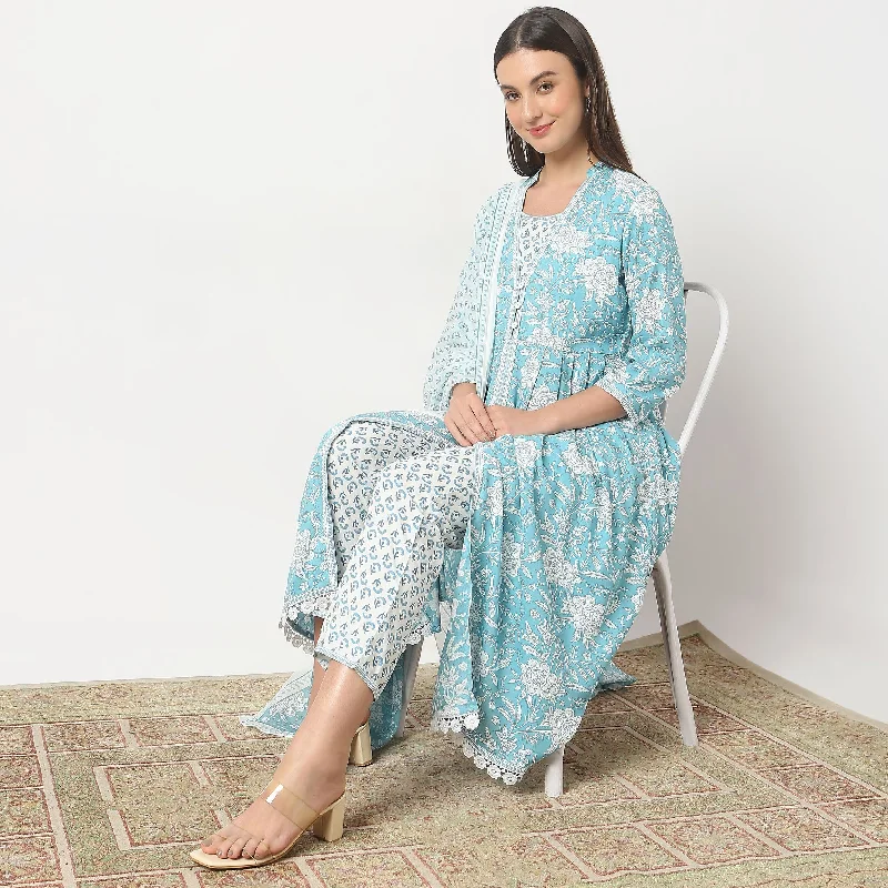 Flare Fit Printed Kurta and Pant with Dupatta Set