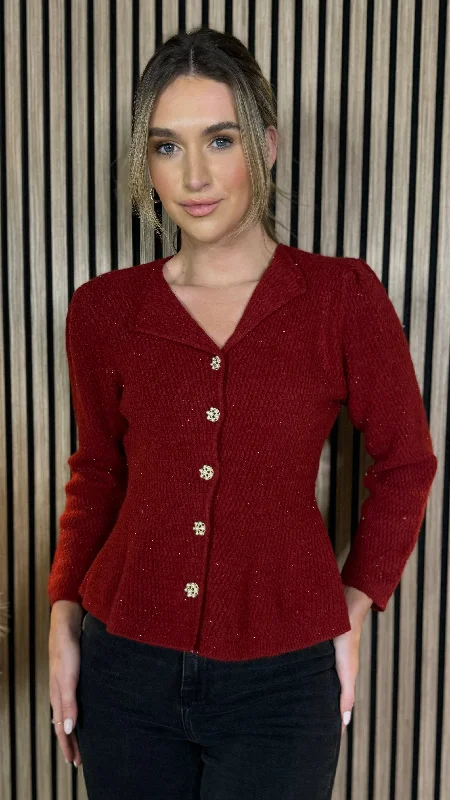 Francie Burgundy Pearl Button Detail Knit Cardigan