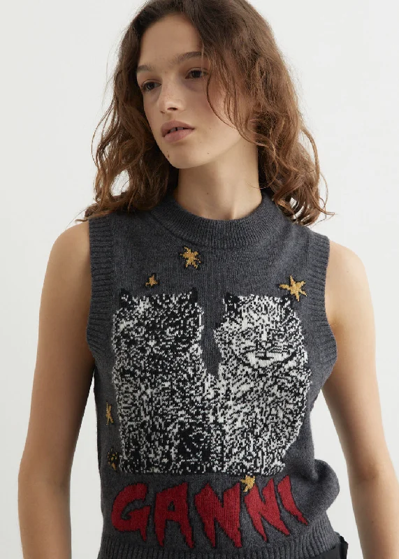 Graphic Wool Mix Cats Vest