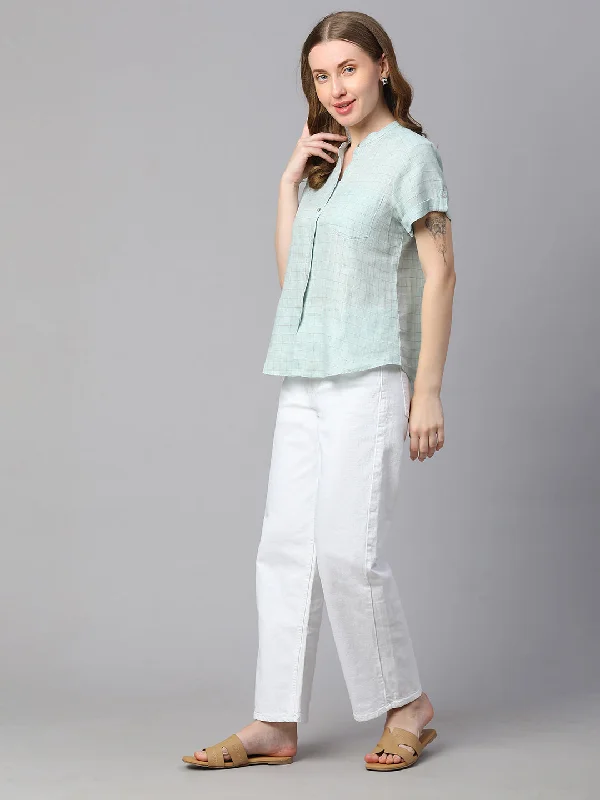 Women's Blue Linen Slim Fit Blouse