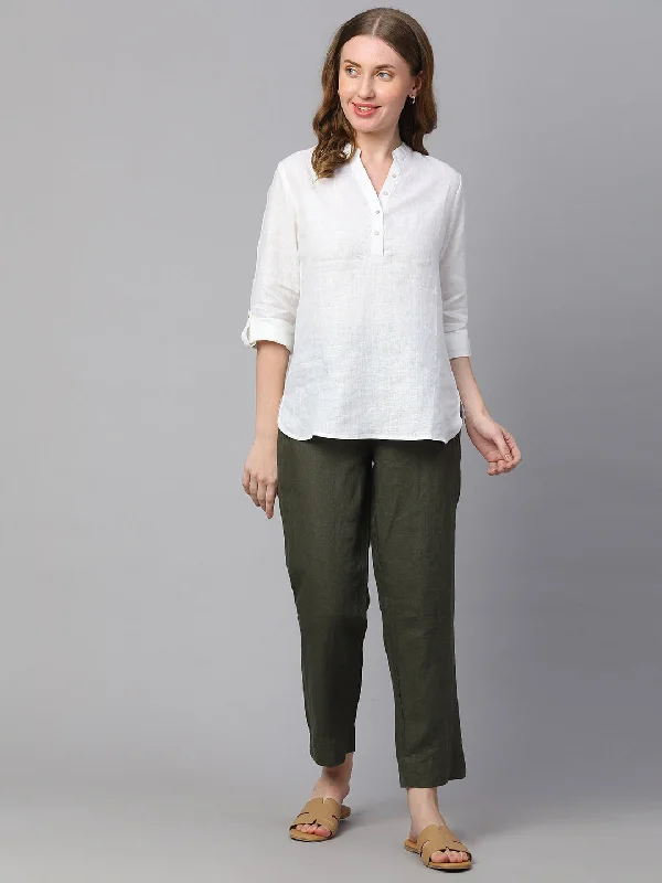 Women's White Linen Regular Fit Blouse