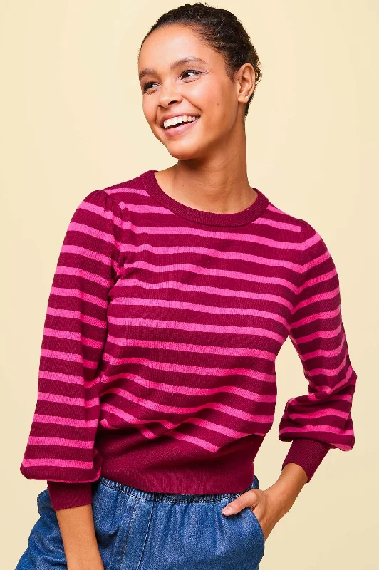 Merino Wool Stripe Crew Neck Jumper | Wine/Pink